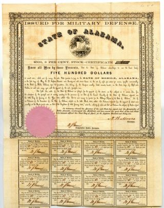 1861.  $500 Montgomery,  Alabama.  State Of Alabama Issued For Military Defense