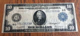 1914 $10 Us Federal Reserve Large Size Note - Cleveland - Detail