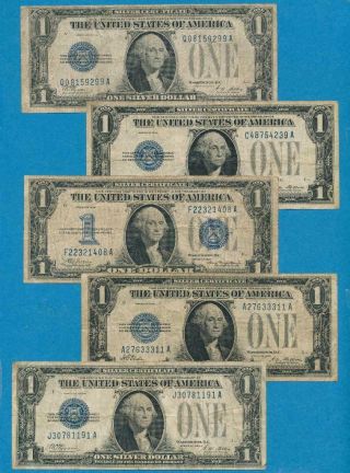 5 - $1.  00 1928/34 Mixed Funny Back Blue Seal Silver Certificates Average Circ.