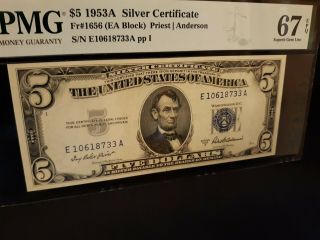 Fr.  1656 1953 A $5 Silver Certificate,  Pmg 67 Epq 5