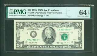 1993 $20 Scarce San Francisco Star Note Awesome Pmg Choice Unc 64 Epq