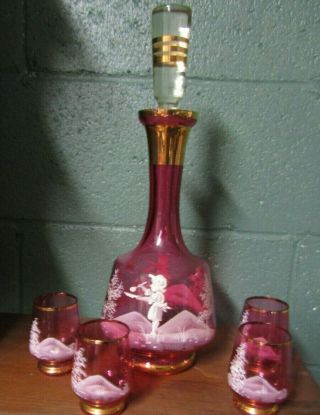 Vintage Mary Gregory Style Cranberry Glass Decanter W/4 Glasses
