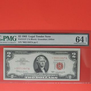 $2 1963 Legal Tender Star Note,  Fr 1513 Pmg 64 Epq,  Choice Unc,  Low 00211647a