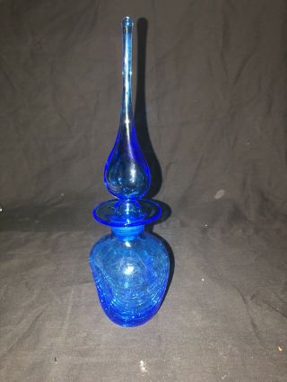 Blenko Mcm Blue Tear Drop Stopper Crackle Art Glass Pinched Decanter Bottle 12”