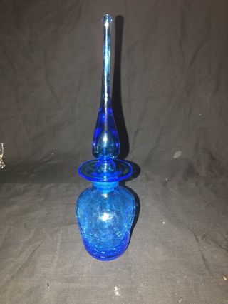 Blenko MCM Blue Tear Drop Stopper Crackle Art Glass Pinched Decanter Bottle 12” 2