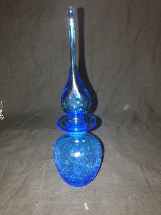 Blenko MCM Blue Tear Drop Stopper Crackle Art Glass Pinched Decanter Bottle 12” 3