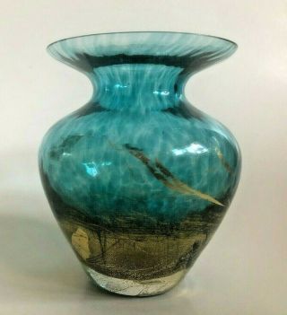 Guy Corrie Iridescent Art Glass Vase Translucent Blue Design Applied Gold Leaf