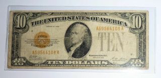 Us Currency Gold Certificate Series 1929 $10 Yellow Seal In Vg Cond.