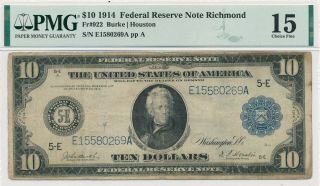 Usa 10 Dollars 1914 Federal Reserve Fr 922 Large S/n E1580269a Ppa - Pmg F 15
