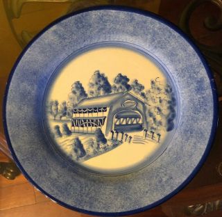 Friendly Village Style Dinner Plate 10 3/4” Blue & White Covered Bridge Scene