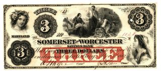1862 Somerset And Worcester Savings Bank (maryland) $3 Note