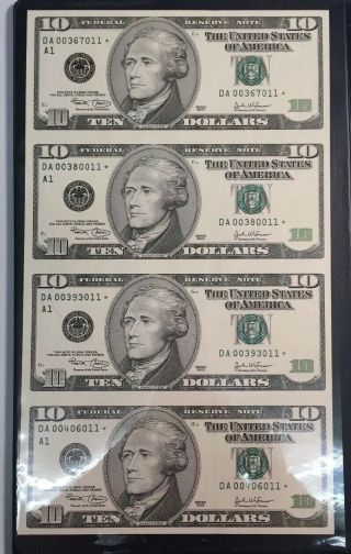 Series 2003 Boston $10.  00 Star Notes Uncut Sheet Of 4 In Folder