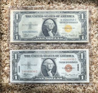 1935 - A United States $1 Silver Certificates Yellow Seal And Hawaii Brown Seal