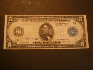 1914 Series Blue Seal 5 Dollar Bill " Chicago Illinois " Nicely Centered
