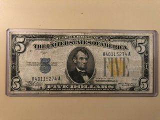 1934 A North Africa Yellow Seal $5 Five Dollar Silver Certificate