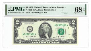 2009 $2 Boston Frn,  Pmg Gem Uncirculated 68 Epq Banknote,  2nd Of 2
