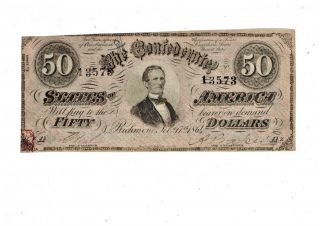 Csa T - 66 1864 $50 Confederate States Of America Note Au