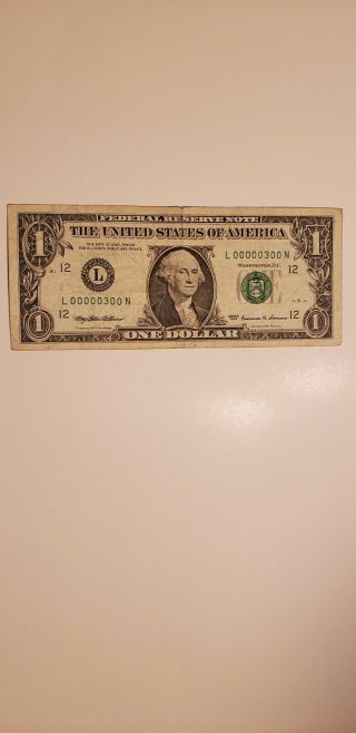 $1 Dollar Bill,  Fancy Low Serial Number L00000300n Series 1999