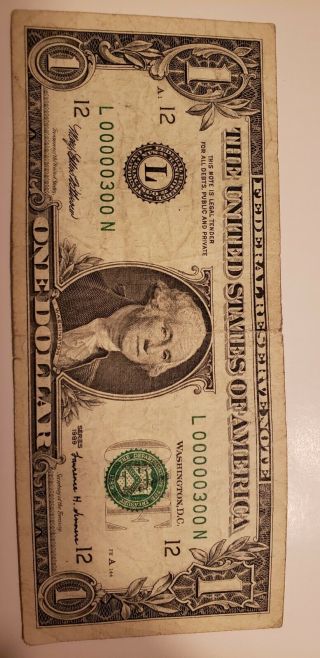 $1 Dollar Bill,  Fancy Low Serial Number L00000300N Series 1999 2