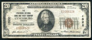 1929 $20 The Lynchburg Nb & Trust Lynchburg,  Va National Currency Ch.  1522