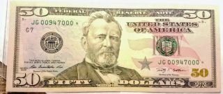 $50 Dollar Bill Star Note - Low Serial Number 00947000 - 2009
