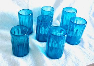 7 Hand - Blown Drinking Glasses Tumblers Water Iced Tea Aqua/turquoise Ribbed