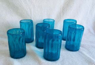 7 Hand - Blown Drinking Glasses Tumblers Water Iced Tea Aqua/Turquoise RibbeD 2