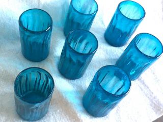 7 Hand - Blown Drinking Glasses Tumblers Water Iced Tea Aqua/Turquoise RibbeD 3