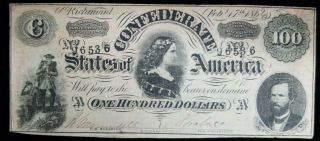 1864 $100 C.  S.  A.  Confederate States Of America Note T - 65