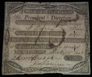 1808 Burlington Vermont Vt State Bank 75 Cents Fractional Obsolete Currency Note