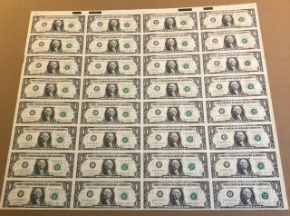 1981 $1 Uncut Sheet Of 32 Notes York One Dollar