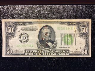 1934 $50 Fifty Dollar Bill Federal Reserve Note Cleveland Low Serial Number 7248