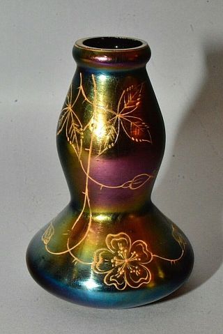 Antique Loetz Art Glass Vase - Iridescent Purple W/ Gold Floral Tendril Design