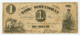 1861 $1 The Bank Of Scottsville,  Virginia Note - Civil War Era