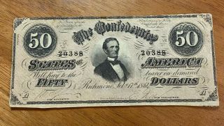 1864 Us $50 Fifty Dollars The Confederate States Of America Note