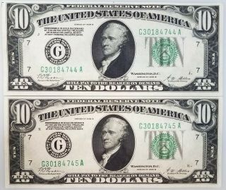 Two Series Of 1928 B $10 Federal Reserve Notes,  Chicago,  Consecutive Serial 