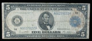 1914 $5 Large Size Blue Seal Federal Reserve Bank Boston Mass Us Note Currency