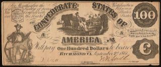 1861 $100 Dollar Confederate States Currency Civil War Note Paper Money T - 13