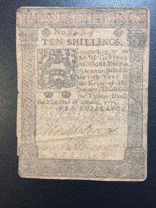 Colonial Currency Oct 1,  1773 Pennsylvania 10 Ten Shillings 2634