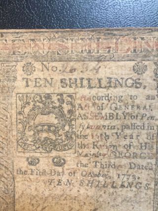 Colonial Currency Oct 1,  1773 Pennsylvania 10 Ten Shillings 2634 2