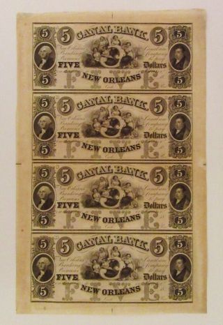 1800s Canal Bank Orleans Louisiana $5 Obsolete Bank Notes,  Uncut Sheet Of 4