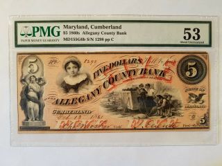 1861 $5 Allegany County Bank Cumberland Maryland Obsolete Note Pmg 53