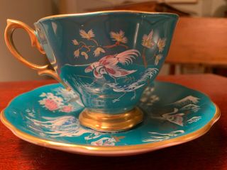 Royal Albert Teacup And Saucer Teal With Lovely Asian Art