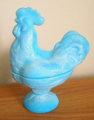 8 " Blue & White Milk Glass Portieux Standing Rooster Chicken Candy Dish