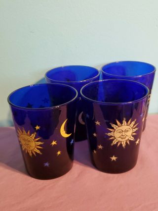 4 Libbey Cobalt Blue Celestial Sun Moon Stars Glasses 4 1/2 "