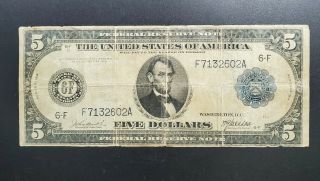 1914 $5 Frn Federal Reserve Note Large Size Us Currency Blue Seal Circulated
