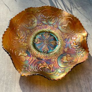 Fenton Dragon And Lotus Iridescent Amber/marigold Carnival Glass Ruffled 9 " Bowl