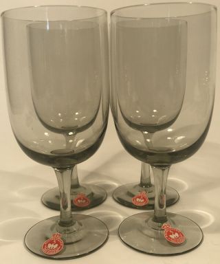 Vtg Holmegaard Elsinore Denmark Set Of 4 Smoke Water Goblets Glasses W/label