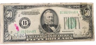 1934 D Misaligned $50 Fifty Dollars Federal Reserve Note York,  Ny B18620448a