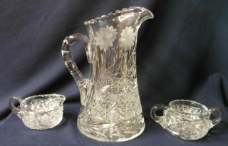 American Brilliant Cut Glass Pitcher With Matching Creamer And Sugar Bowl